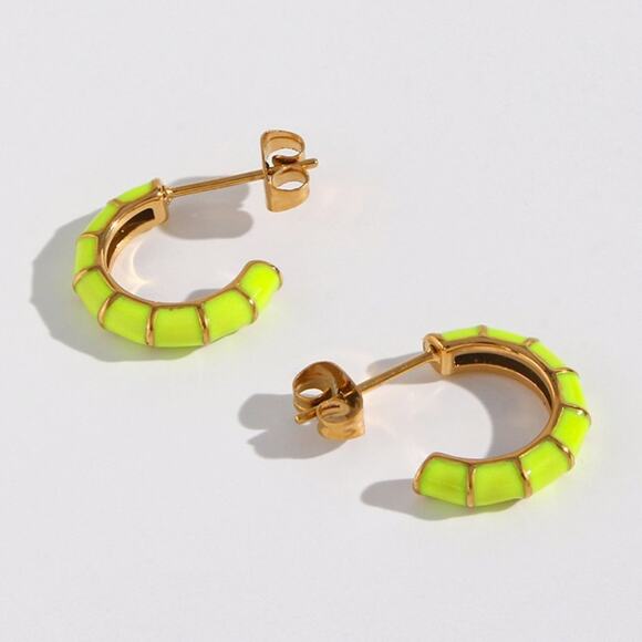 Neon Yellow Enamel Bamboo C‎ Shape Hoop Huggie Earrings 18K Gold Plated - Picture 4 of 5